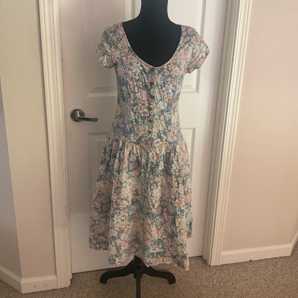 Vtg 80s 90s Alison J pastel button up front floral calico boho v waist dress S-m - Picture 1 of 5